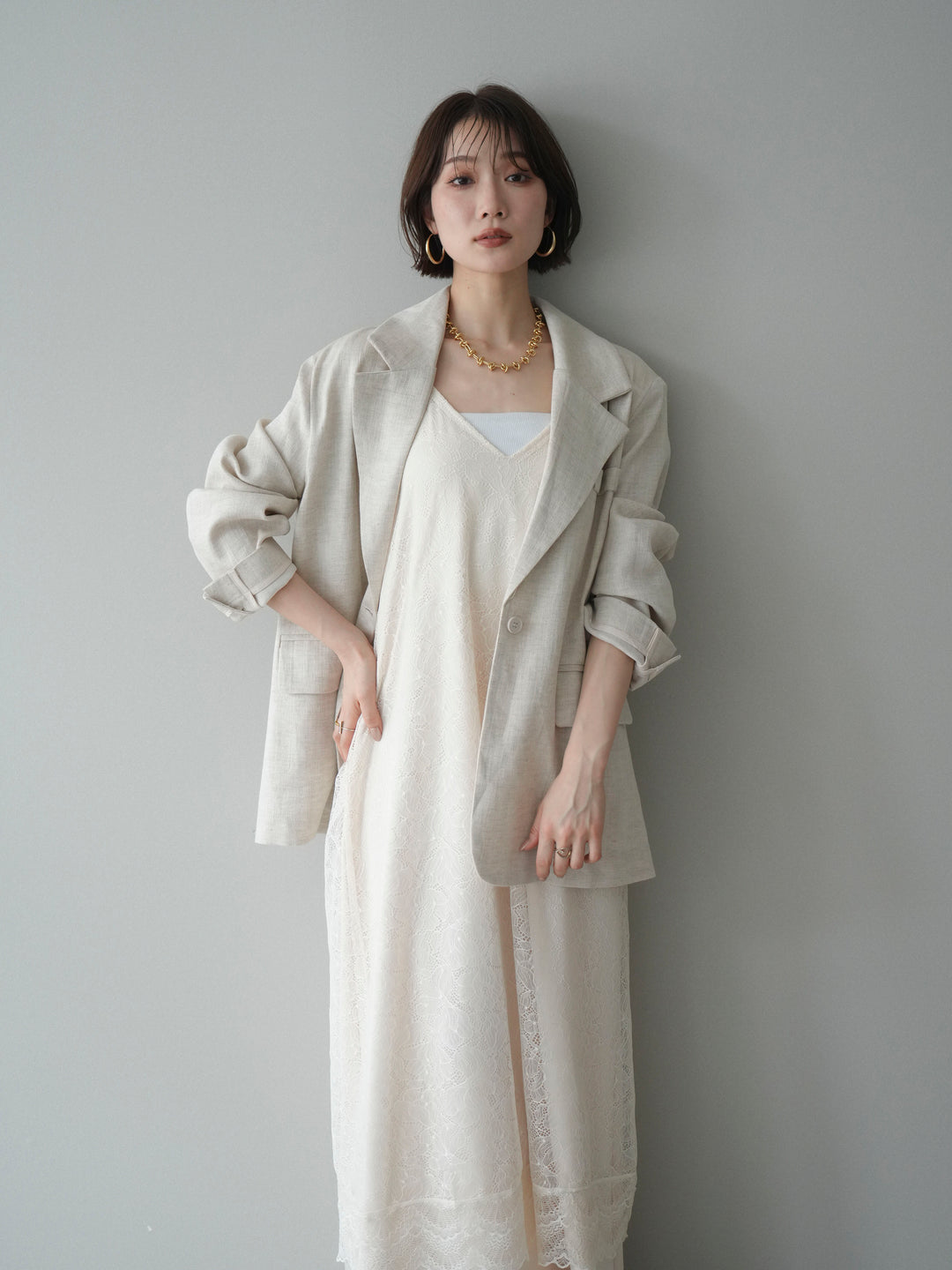 [SET]サテンレースレイヤードキャミワンピース+リネンタッチオーバージャケット(2set)