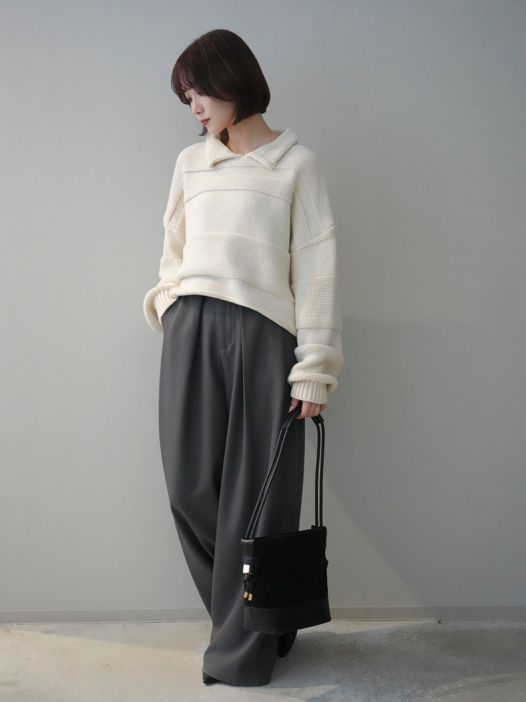 [SET]襟付きボーダー編みニットプルオーバー+ベルトループデザインワイドパンツ(2set)