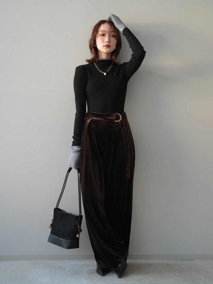 [SET]袖ボタンハイネック配色リブニットトップス+ベロアベルトスリムパンツ(2set)