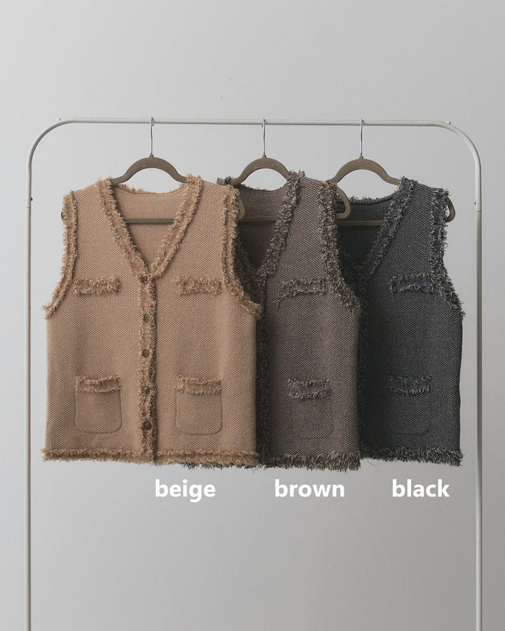 【Allure】[SET]アンティークボタンツイードフリンジニットベスト+チュールティアードフレアスカート(2set)