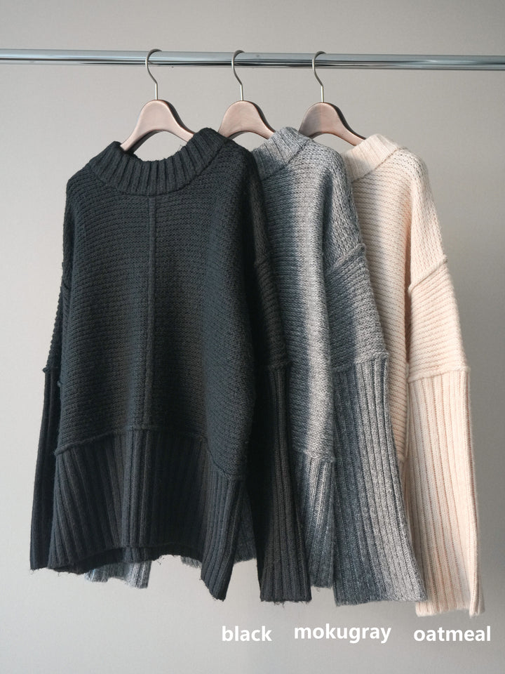 [SET]編み地切替ボトルネックニットプルオーバー+ベルトデザインループコールテンワイドパンツ(ベルト付き)(2set)