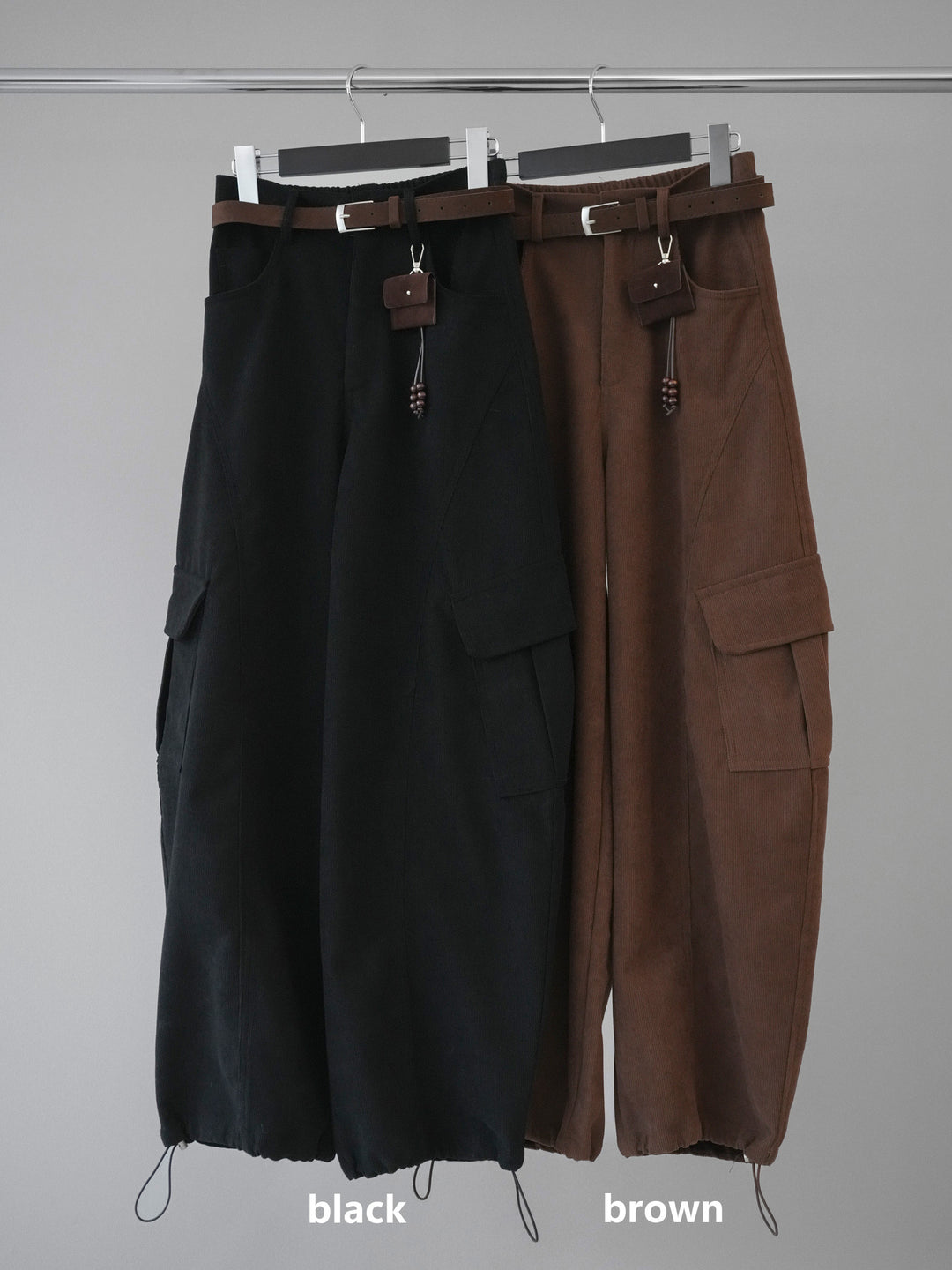 [SET]ストライプシャツドッキングMIXヤーンニットプルオーバー+ベルト付コーデュロイカーゴパンツ(2set)