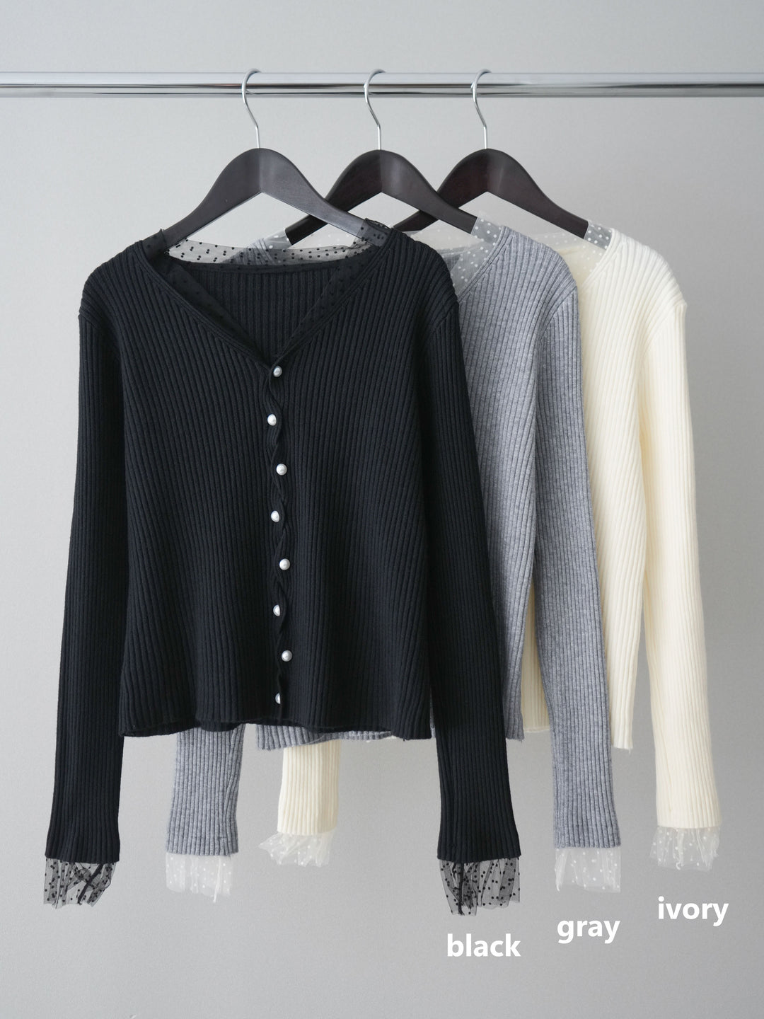 [SET]チュールドッキングパールボタンニットカーディガン+選べるアクセセット(2set)