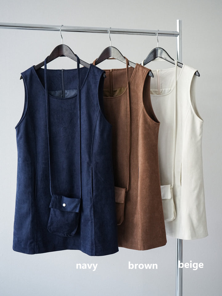 [SET]ゴールドボタンツイルダブルテーラードジャケット+ショルダーポーチ付スウェードミニワンピース(2set)