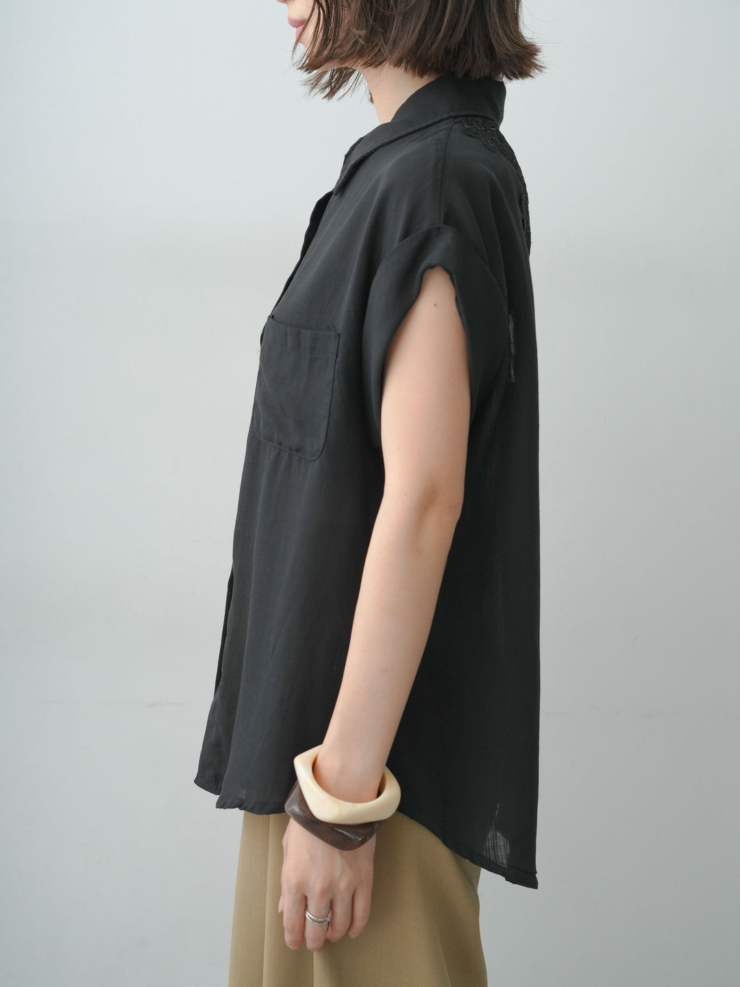 [予約]バックレースフレンチシャツ/black