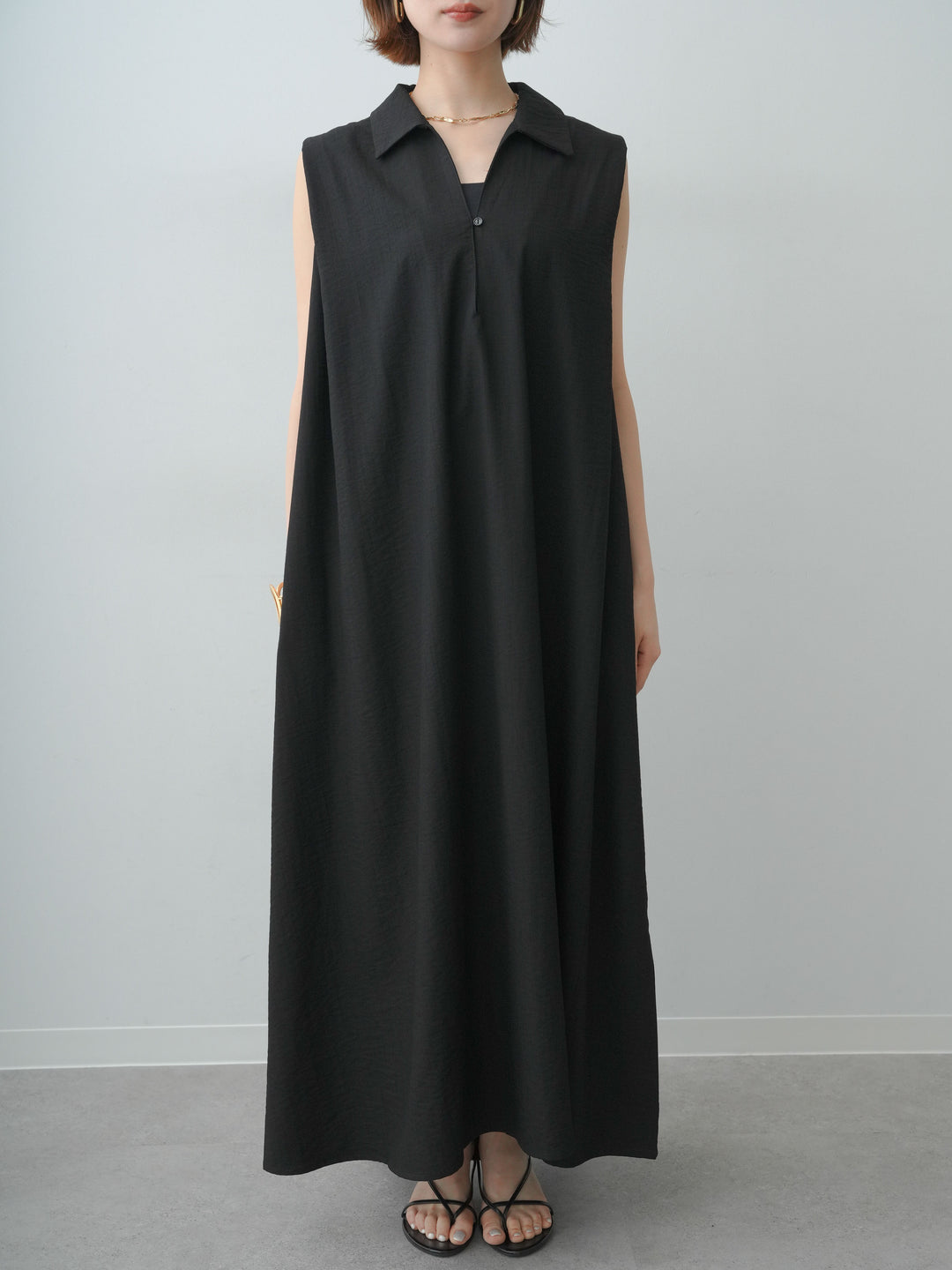 [予約]リネンライクスキッパーショルダータックワンピース/black
