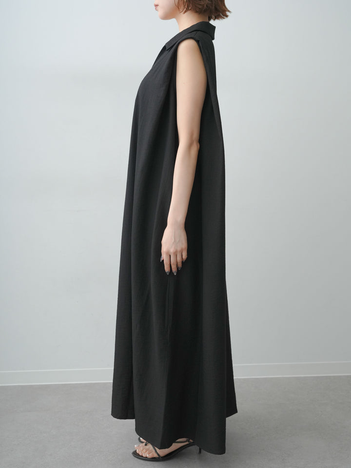 [予約]リネンライクスキッパーショルダータックワンピース/black