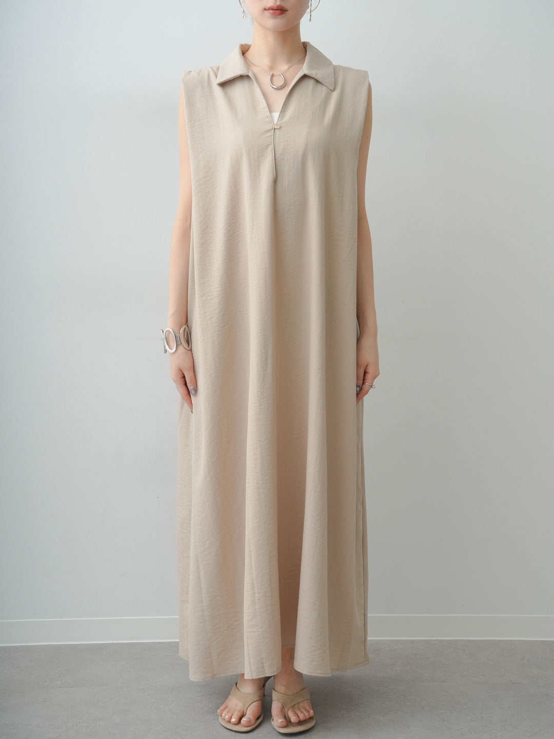 [予約]リネンライクスキッパーショルダータックワンピース/lightbeige