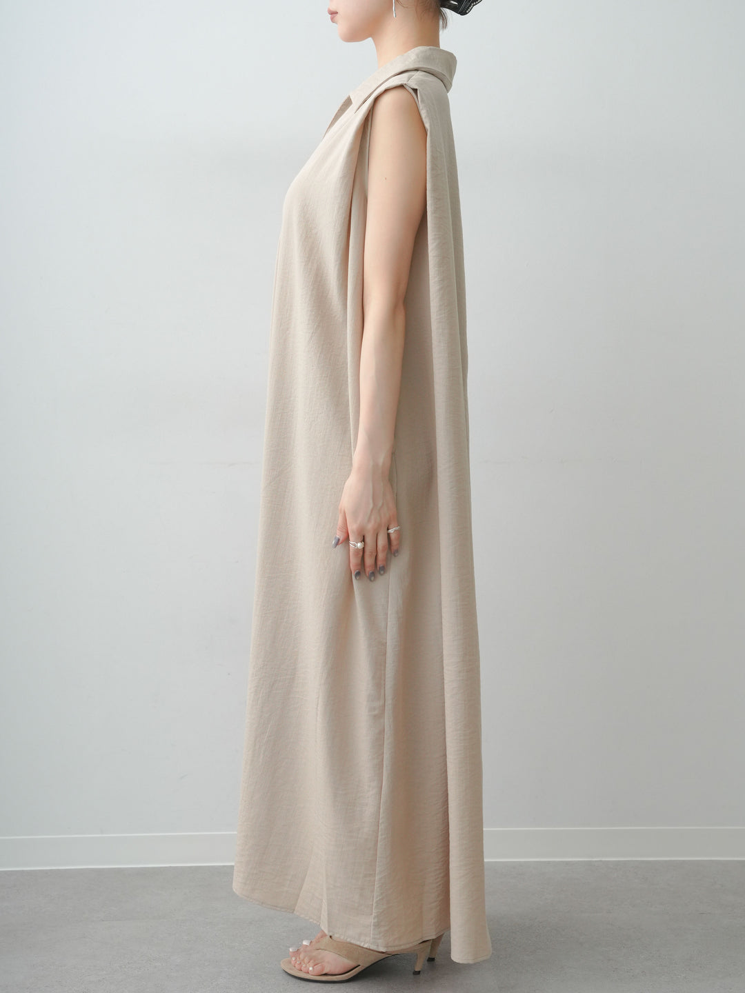 [予約]リネンライクスキッパーショルダータックワンピース/lightbeige