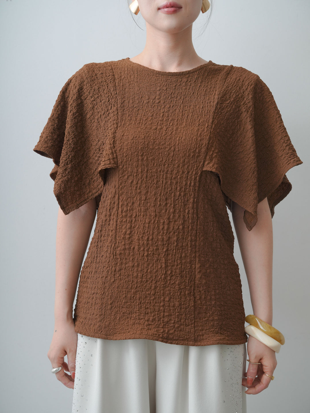 [予約]フクレジャガードケープスリーブトップス/brown
