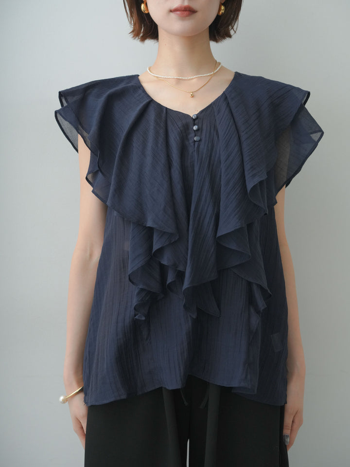 [予約]シアー楊柳ラッフルフリルノースリブラウス/navy
