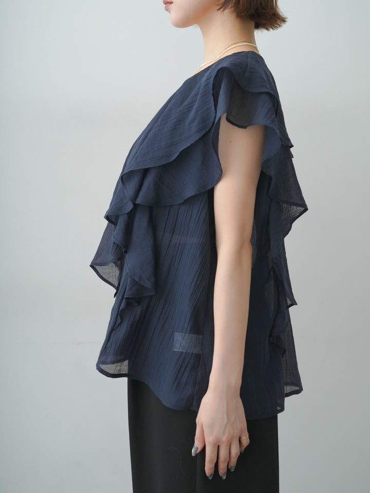[予約]シアー楊柳ラッフルフリルノースリブラウス/navy
