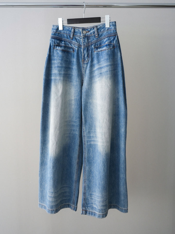 [SET]スパンコールシアーニットトップス+フロントポケットサイドタックワイドデニム(2set)