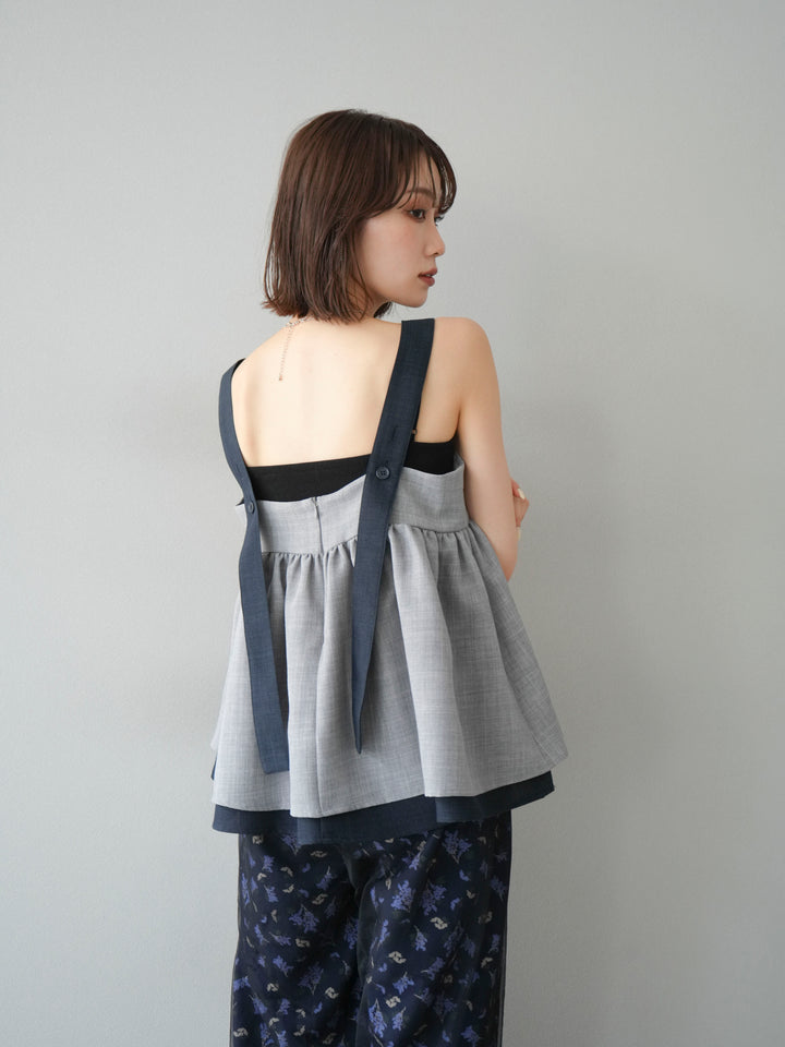 [SET]リネンライク配色フレアタンクトップ+ブーケプリントタックパンツ(2set)