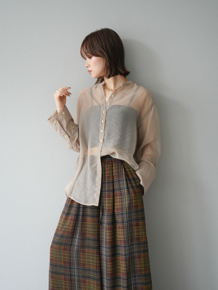 [SET] 亮面透視立領襯衫 + 透視格紋寬鬆褲 (2 件套)