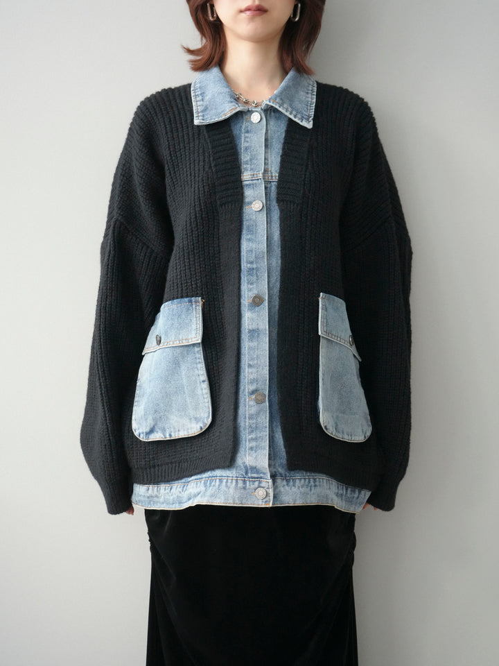 [予約]デニムドッキングオーバーニットジャケット/black