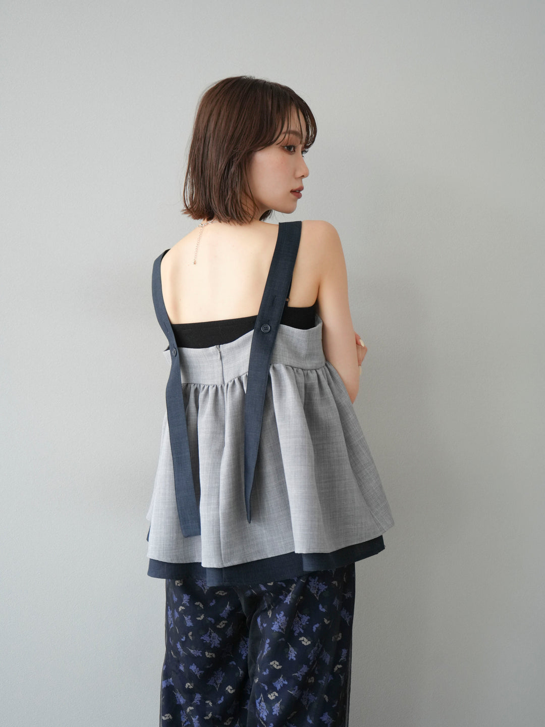 [SET]リネンライク配色フレアタンクトップ+コード刺繍チュールレイヤードパンツ+ブーケプリントタックパンツ(3set)