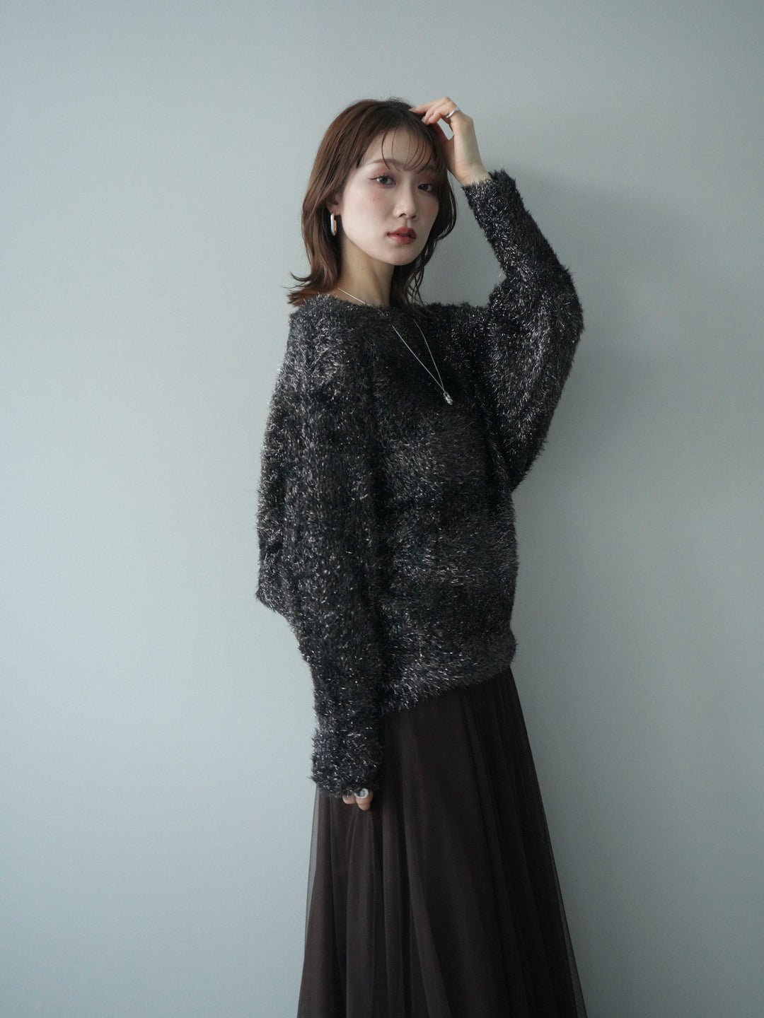 [予約]ラメシャギードルマンニットプルオーバー/brown