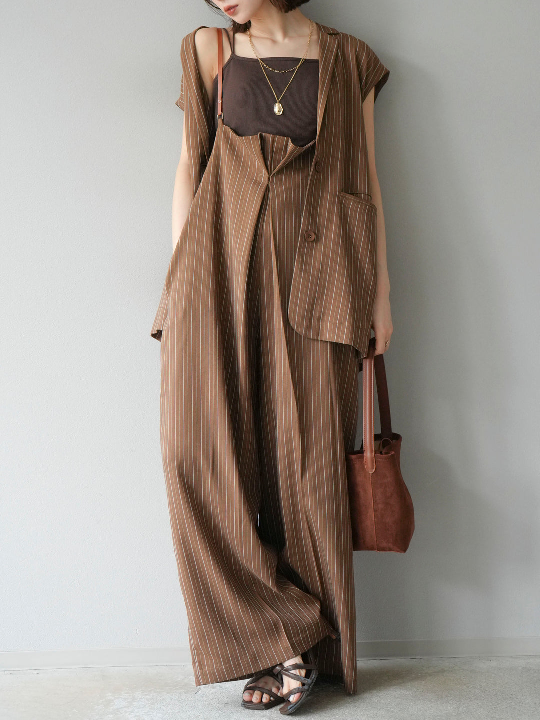 【着回しセット】[SET]ヘリンボーンストライプジレ+シアー切替ベロアトップス+ヘリンボーンストライプサロペット(3set)