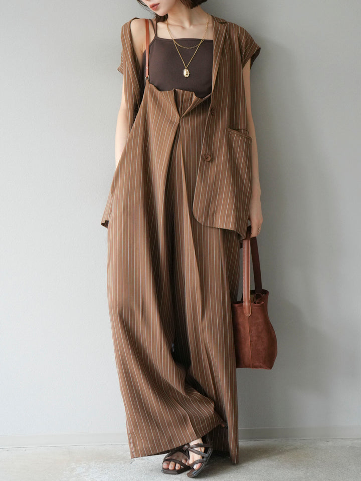 【着回しセット】[SET]ヘリンボーンストライプジレ+シアー切替ベロアトップス+ヘリンボーンストライプサロペット(3set)