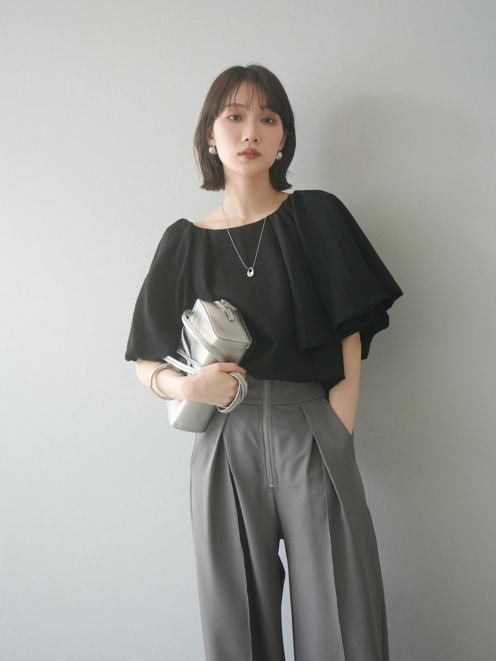 [SET] 燈籠袖褶襉設計上衣 + 拉鍊褶襉寬褲 (2 套)