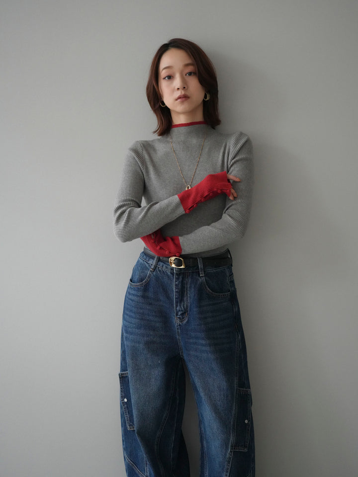 [予約]袖ボタンハイネック配色リブニットトップス/gray