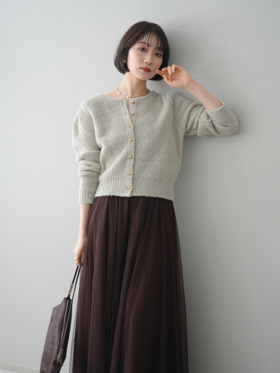 [SET]ゴールドボタンブークレニットカーディガン+チュールボリュームスカート(2set)