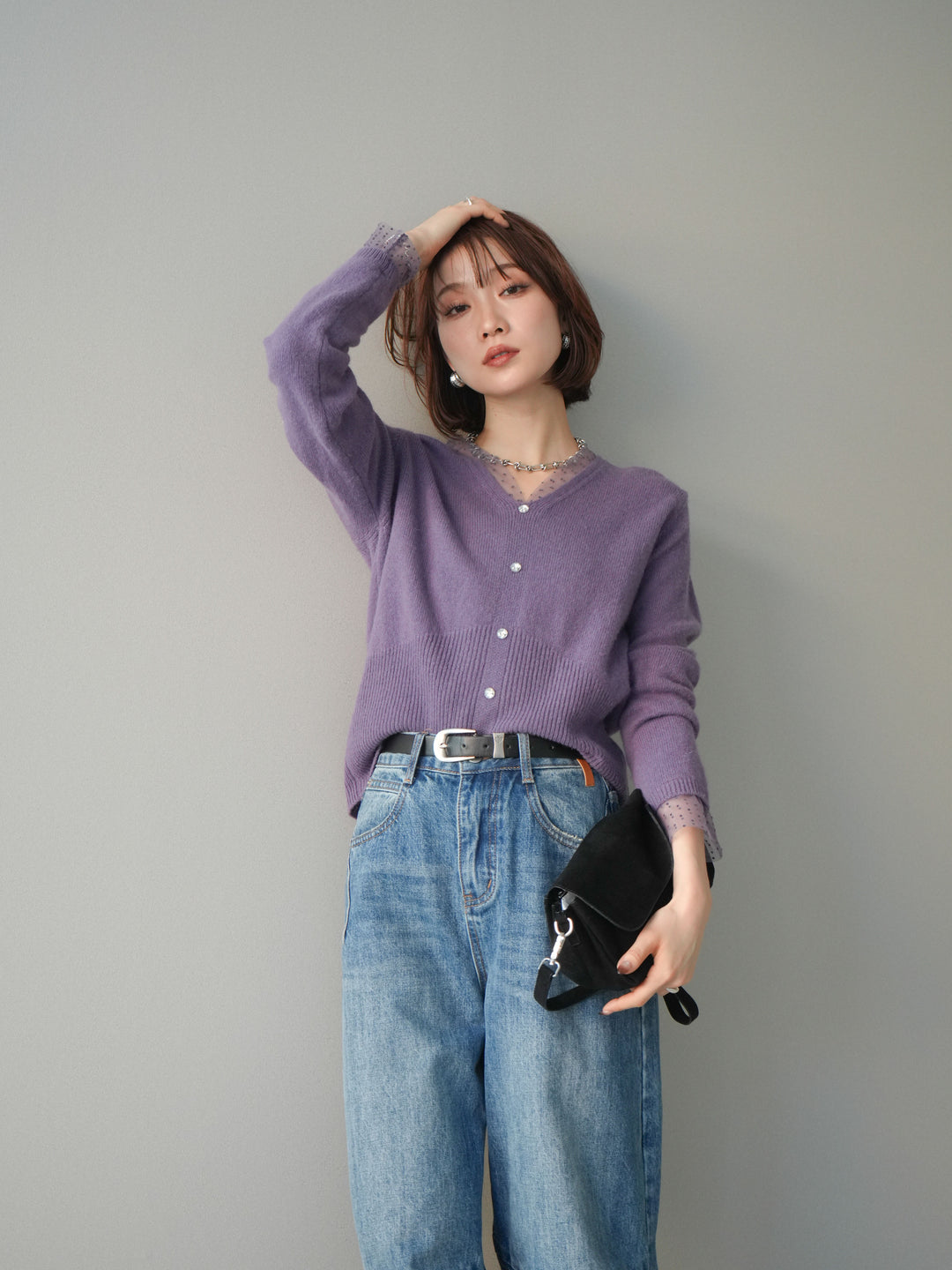 [予約]ドットチュールレイヤードボタンニットトップス/purple