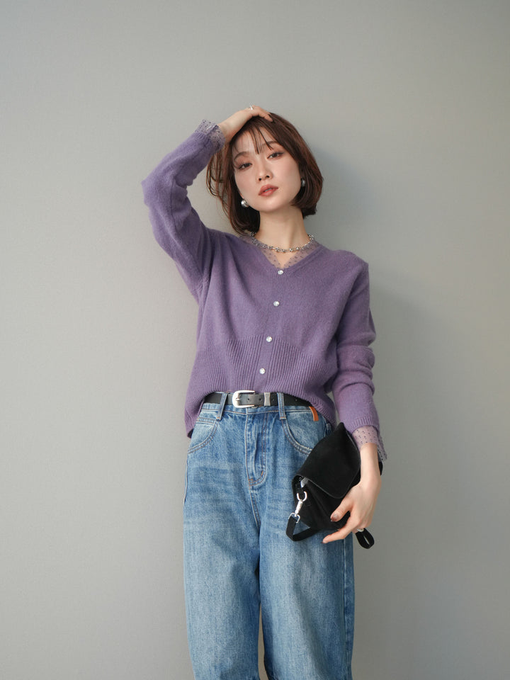 [予約]ドットチュールレイヤードボタンニットトップス/purple