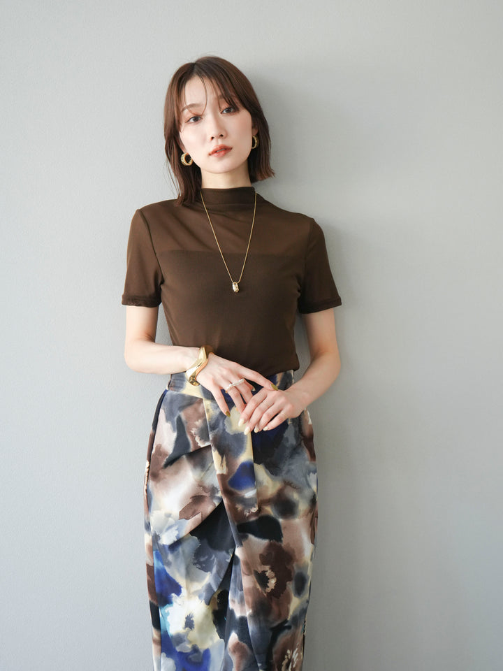 [SET] 透視半袖上衣 + 水彩印花褶襉I字裙 (2set)