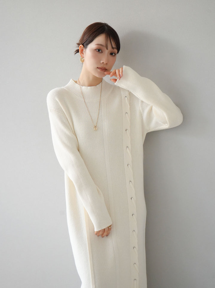 [SET] 不對稱繫帶高領針織連身裙 + 可選飾品套裝 (2套)