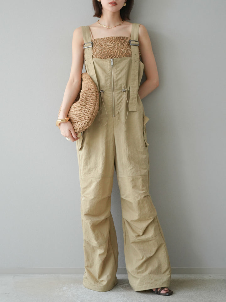 [予約]ナイロンタックデザインサロペット/ベージュ