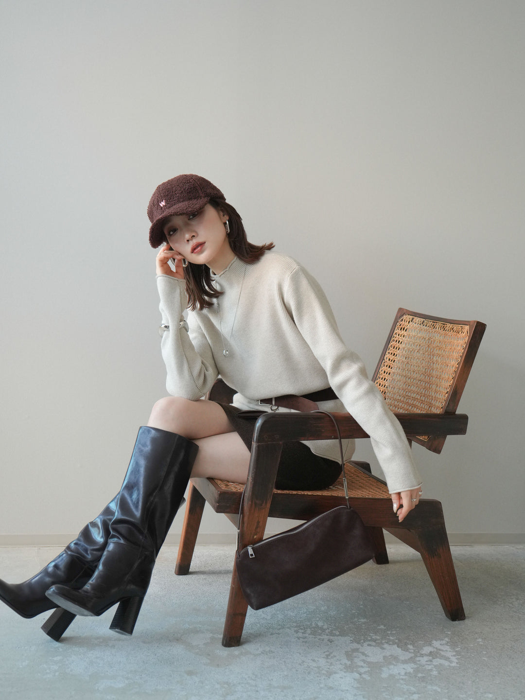 [SET]ボトルネック裾カールリブニットトップス+ボトルネック裾カールリブニットトップス(2set)