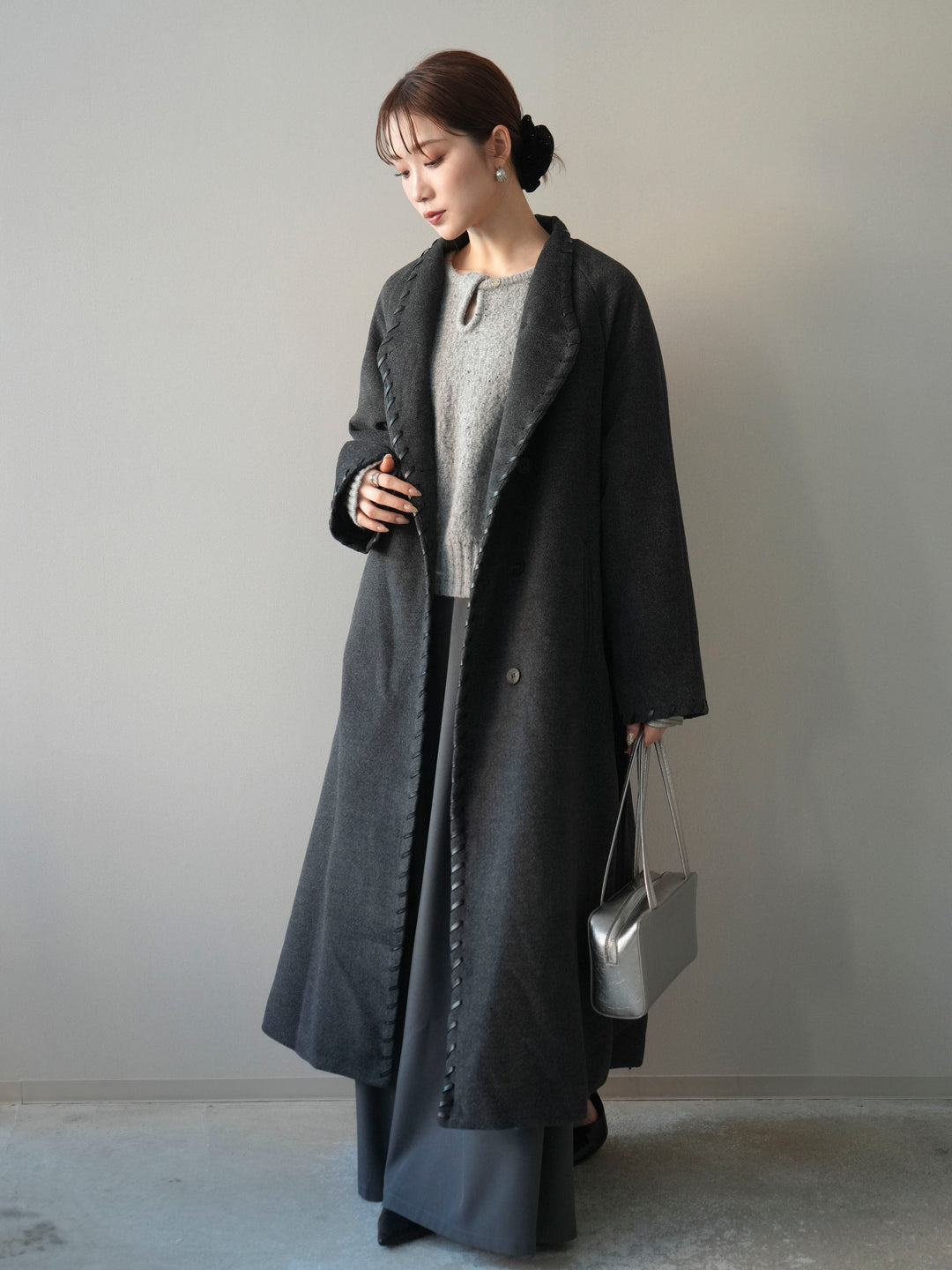 [SET]ハンドステッチ裏中綿ロングコート+テープベルトタックバギーパンツ(2set)