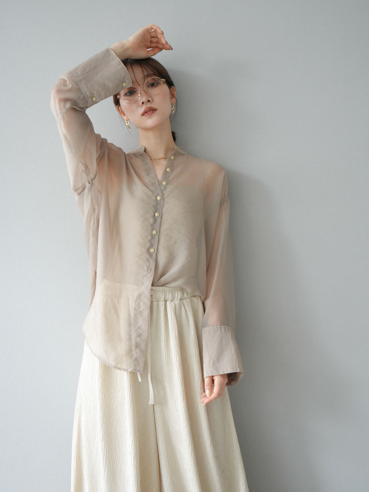 [SET] 亮面透視立領襯衫 + 柳葉寬褲 (2set)