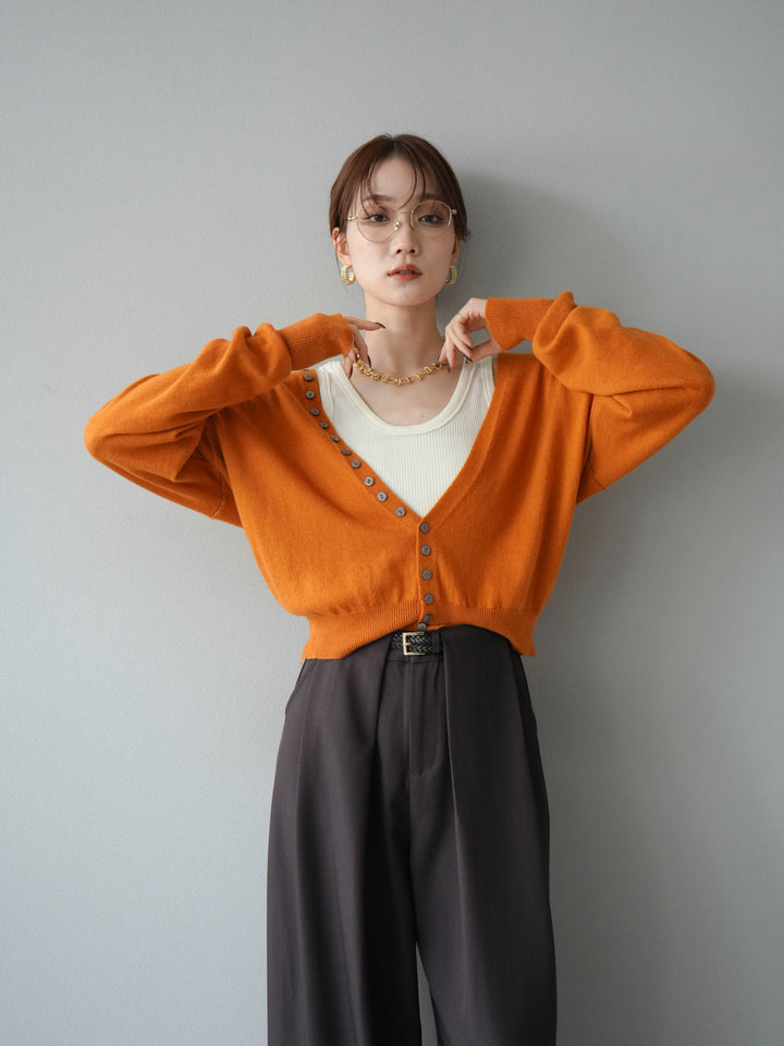 [SET]デザインボタンニットカーディガン＆タンクトップSET+ベルトループデザインワイドパンツ(2set)