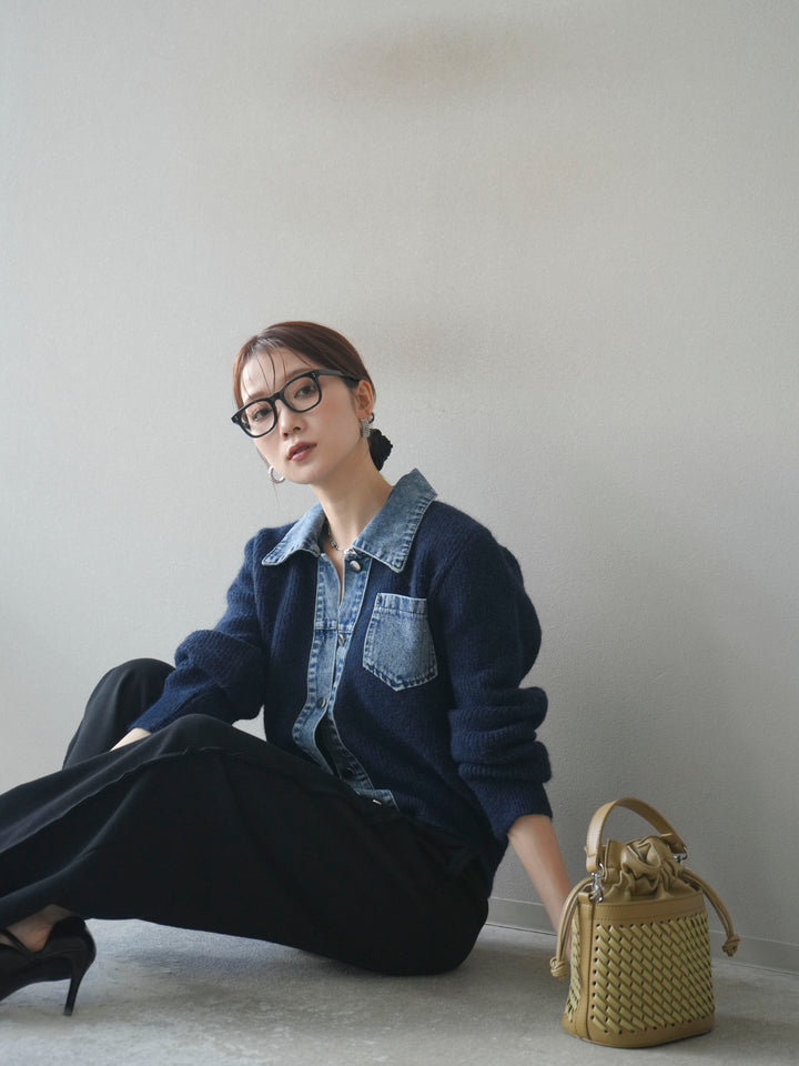 [予約]デニム襟ポケットニットカーディガン/navy