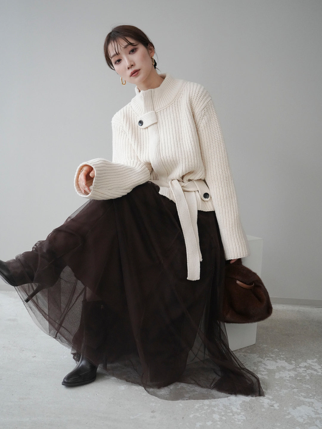 [予約]畦編みボトルネックZIPニットカーディガン/white