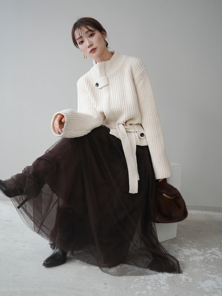 [予約]畦編みボトルネックZIPニットカーディガン/white