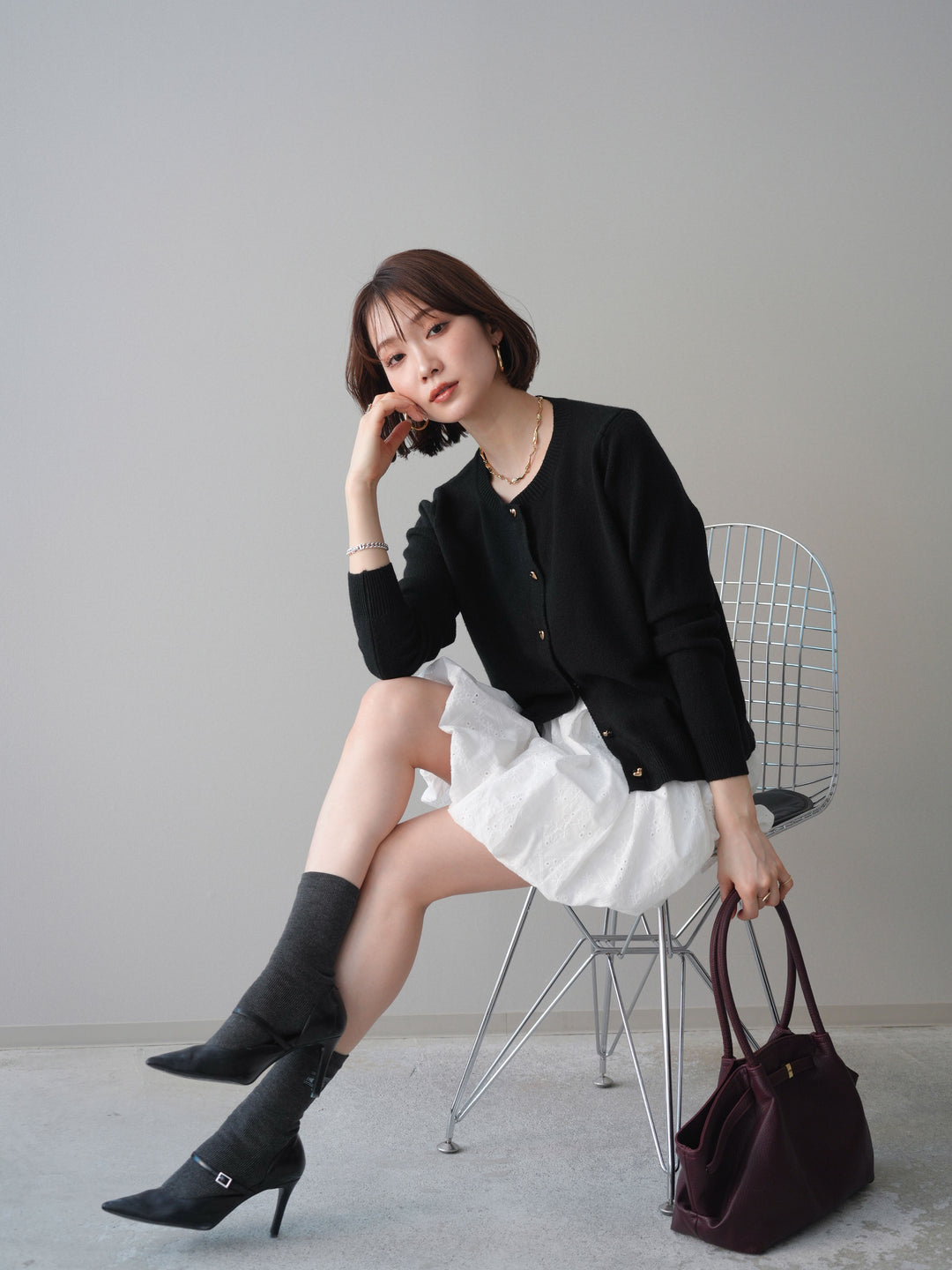 [SET]ハートボタンニットカーディガン+コットンライクレースバルーンミニスカート(2set)