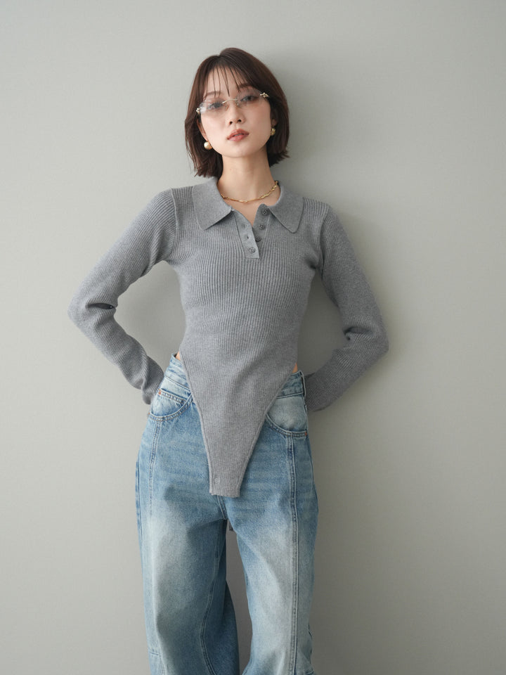 [予約]リブポロニットボディスーツ/mokugray