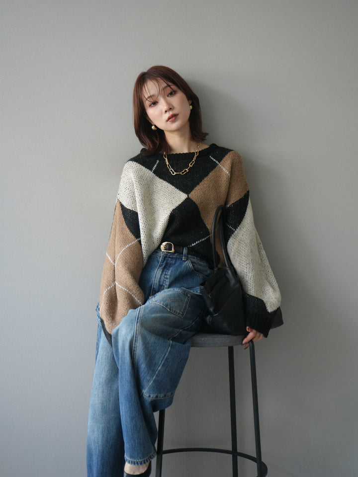 [予約]配色ステッチアーガイル柄ニットプルオーバー/black