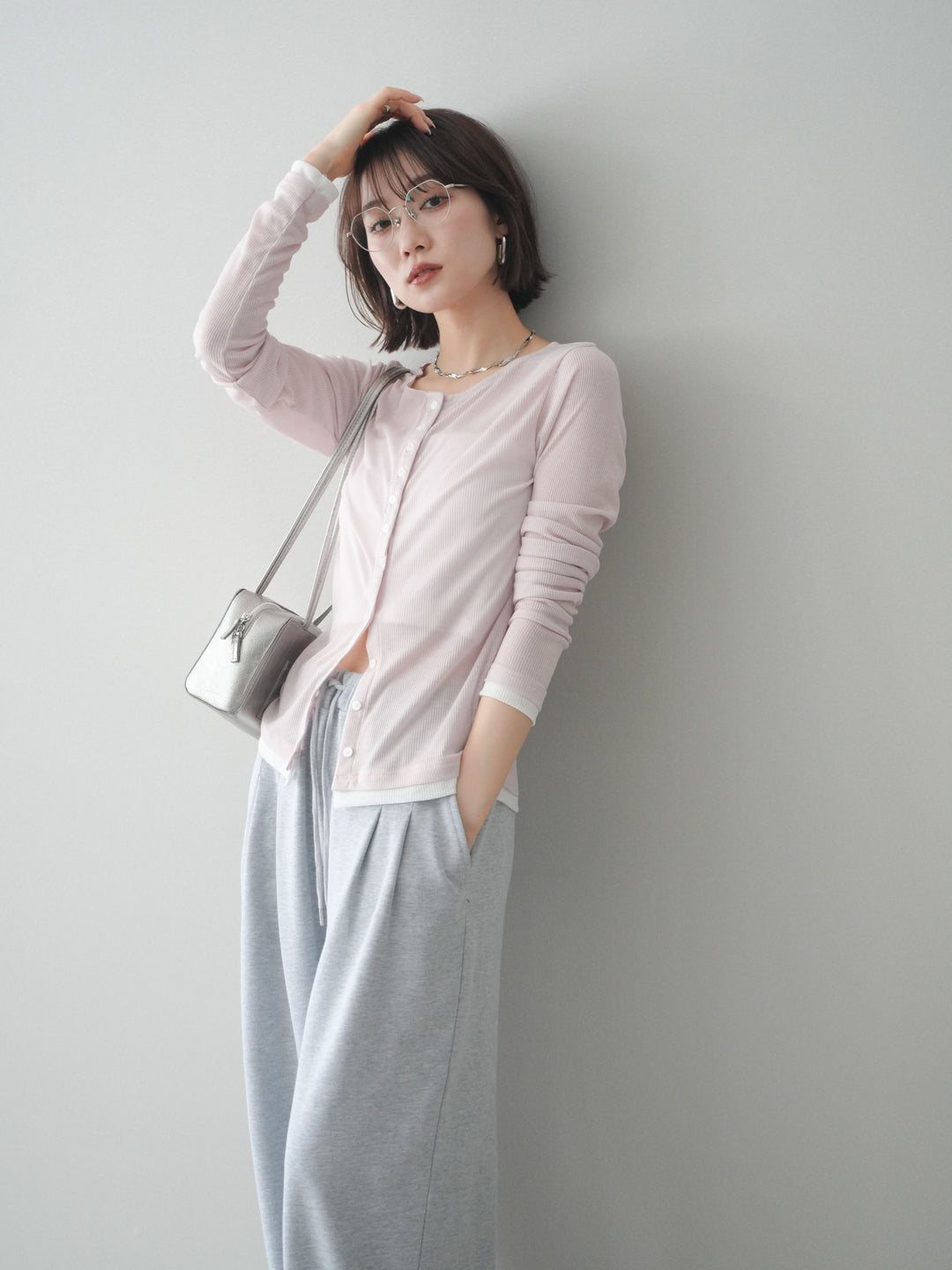 [予約]シアーリブバイカラーカーディガン/pink