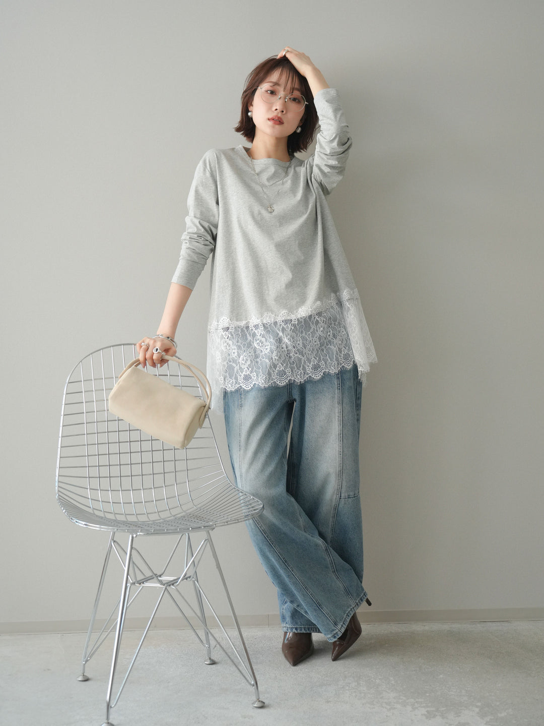 [SET]裾レースロングスリーブTシャツ+選べるアクセセット(2set)