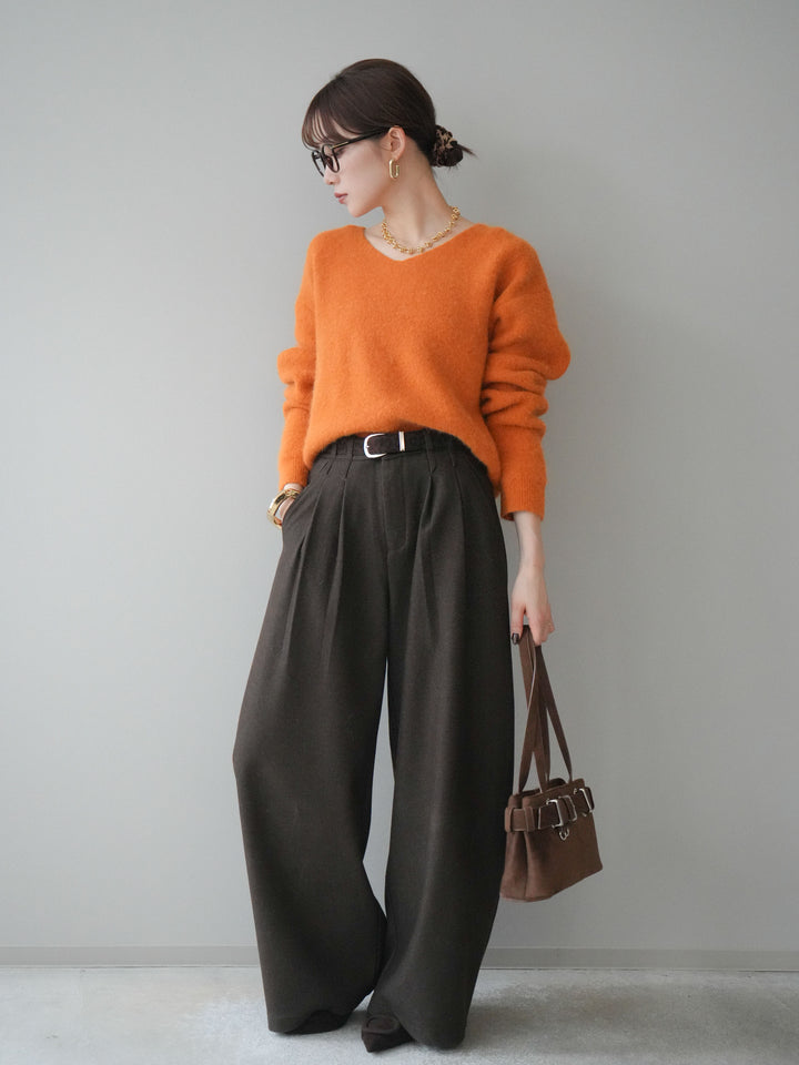 [SET]シュシュ付きアンゴラタッチVネックニットプルオーバー+アニマル柄ベルト付きウールタッチワイドパンツ(2set)