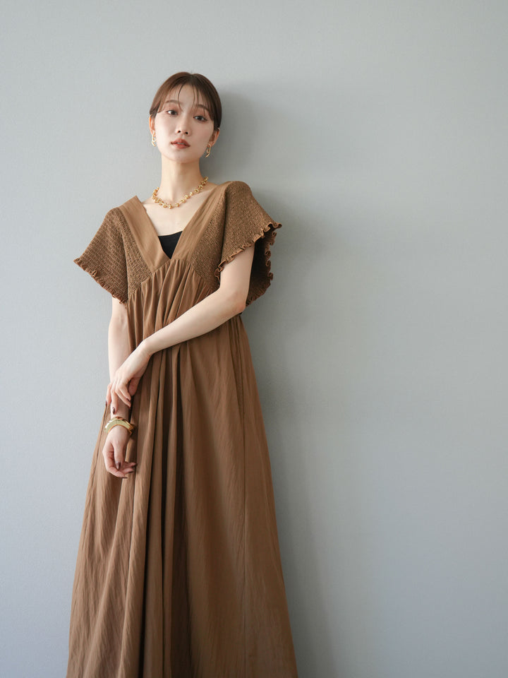 [SET] 褶皺V領連身裙 + 褶皺V領連身裙 (2件套)