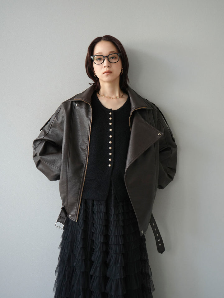 [予約]スタンドカラーフェイクレザーブルゾン/ブラウン