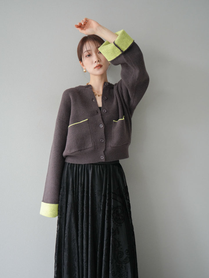 [SET]バイカラーオーバーニットカーディガン+アンティーク柄フロッキーマキシスカート(2set)