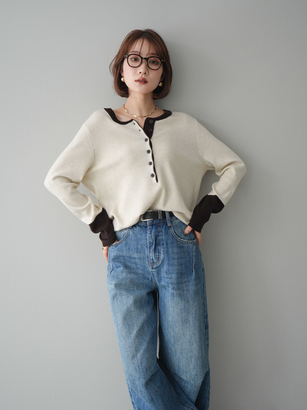 [SET]ヘンリーネック配色ニットソー+ヘンリーネック配色ニットソー(2set)