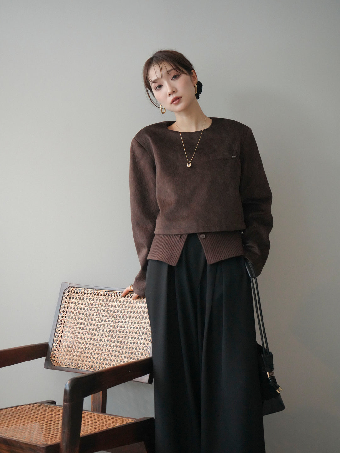 [予約]リブニットレイヤードスエードプルオーバー/brown